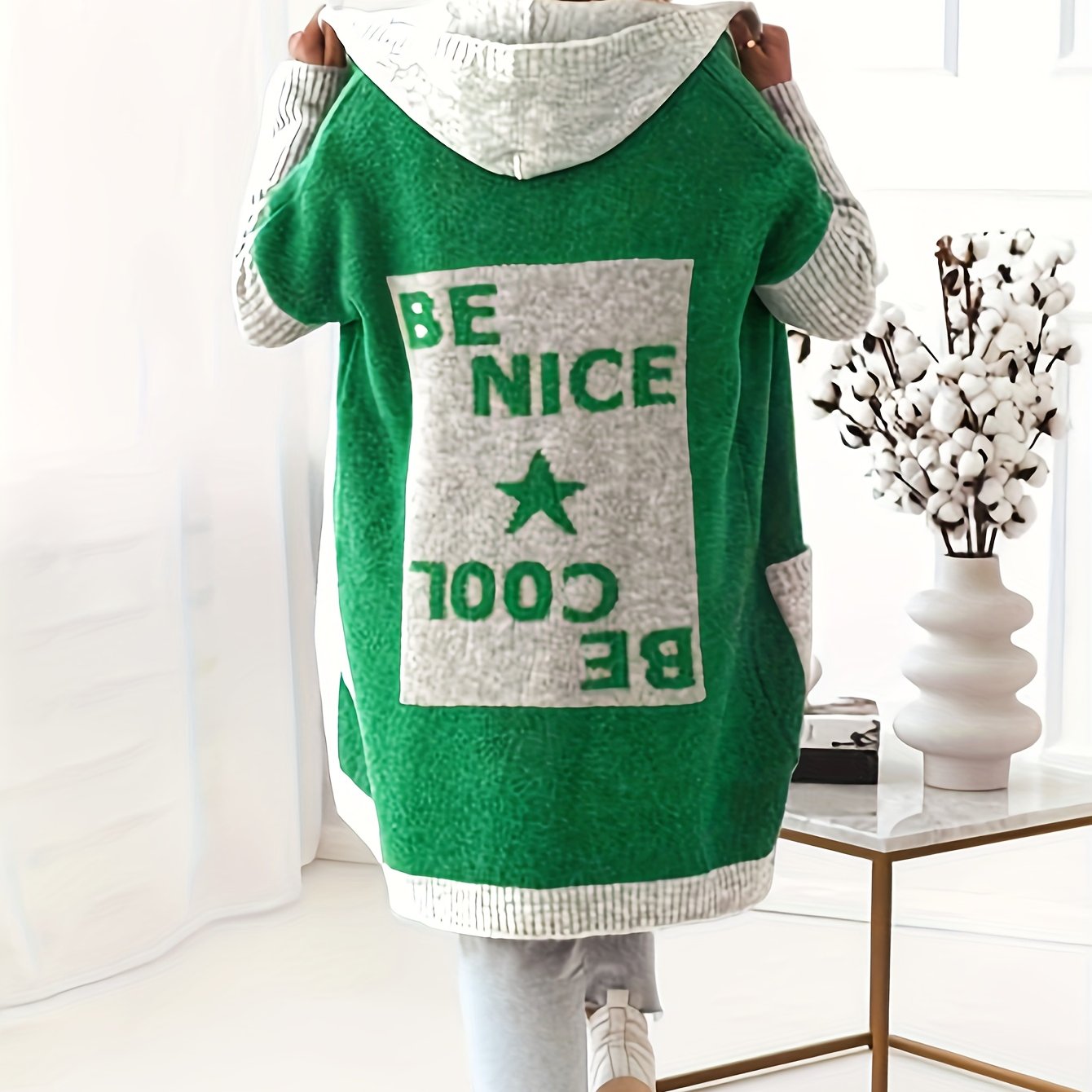 Colorblock Letter & Star Print Hooded Cardigan