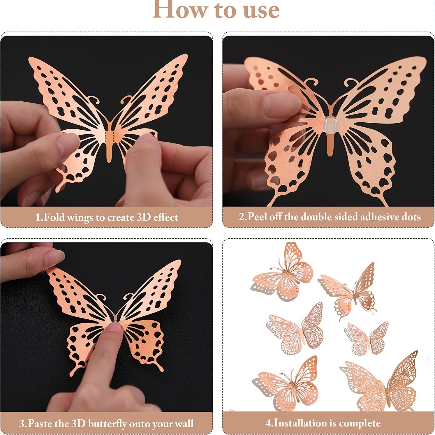 12pcs 3D Golden Butterfly Wall Decorations for Birthday Party and Cake Decor