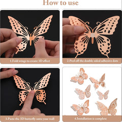 12pcs 3D Golden Butterfly Wall Decorations for Birthday Party and Cake Decor