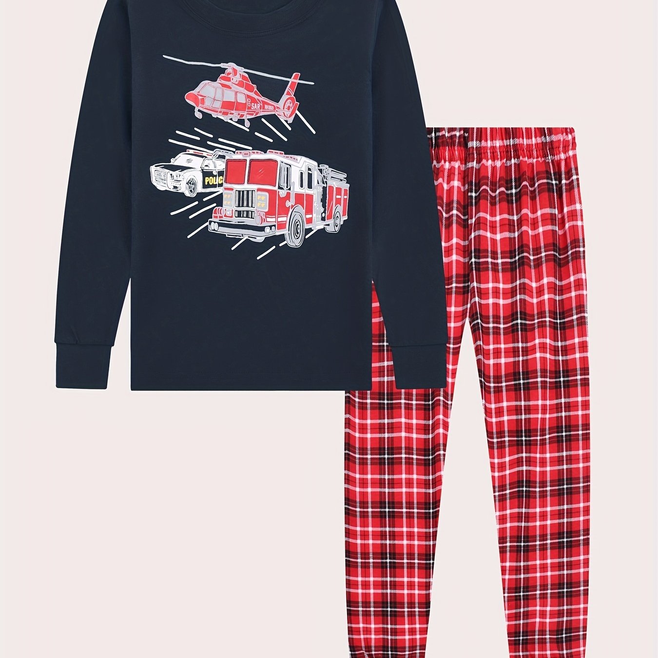 Kid's Vehicle Print Long Sleeve Top & Plaid Pants PJ Set