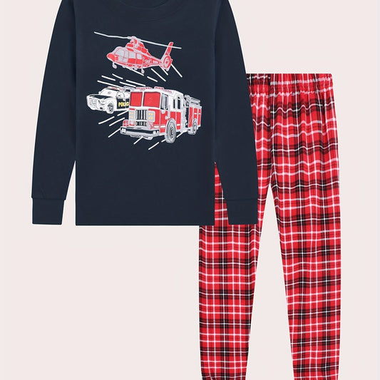 Kid's Vehicle Print Long Sleeve Top & Plaid Pants PJ Set