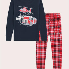 Kid's Vehicle Print Long Sleeve Top & Plaid Pants PJ Set