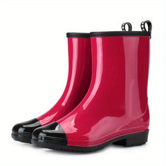 Women's Colorblock Rain Boots Waterproof Slip-on Mid Calf Boots