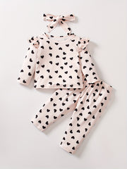 Toddler Girls Heart Print Outfit Ruffle Sleeve T shirt & Trousers & Headband