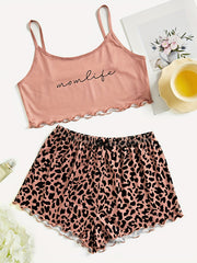Leopard Print Pajama Set Cami Crop Top & Cozy Shorts