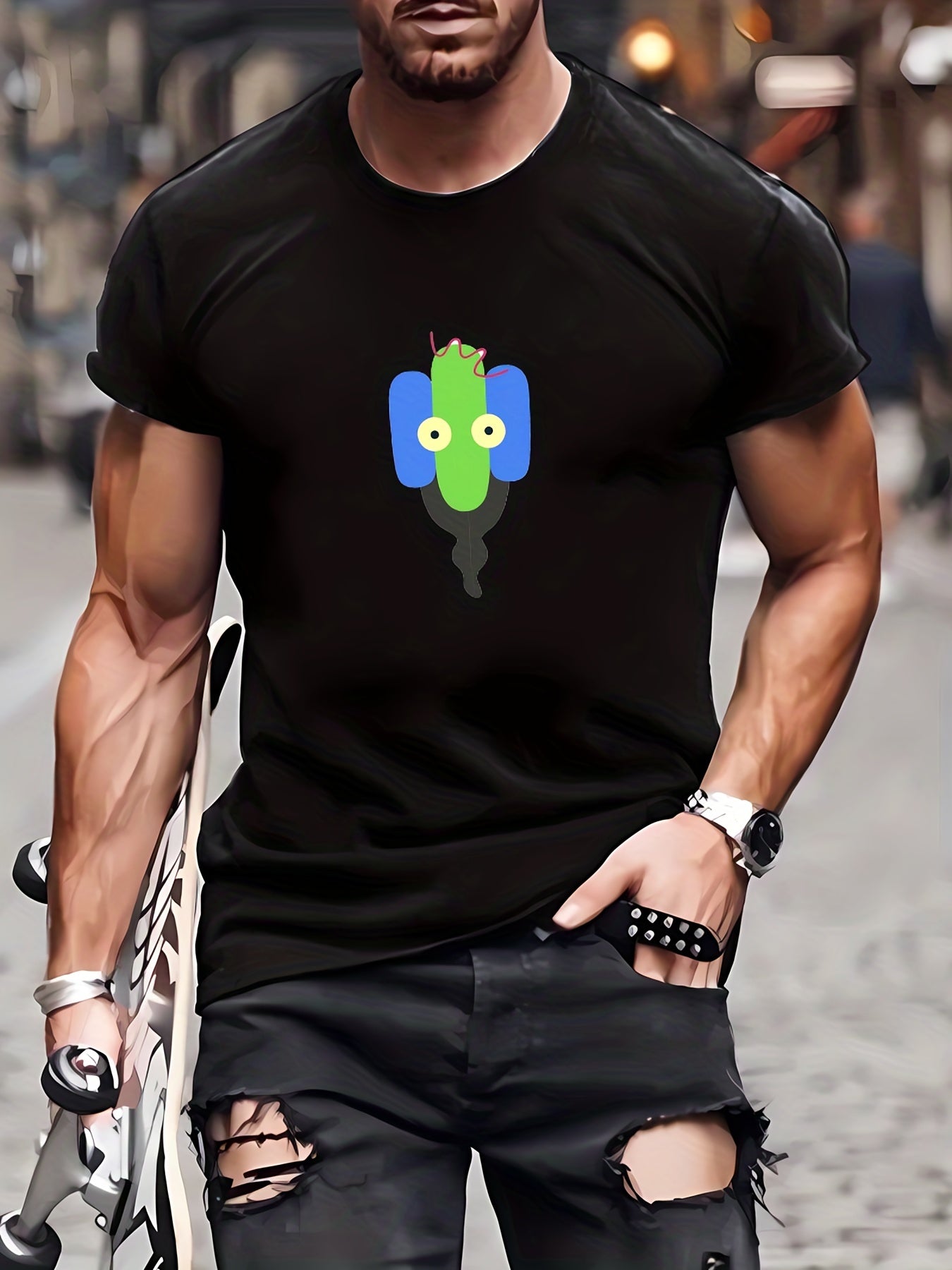 Men's Cartoon Pattern T-shirt Casual Stretch Tee