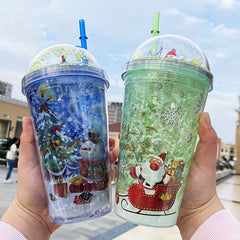 450ml Christmas Pattern Double Layered Straw Water Cup