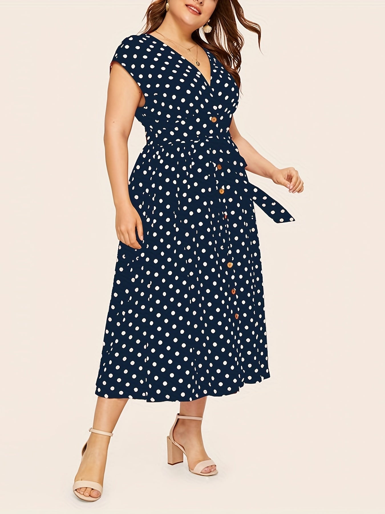 Polka Print Cap Sleeve V Neck Dress With Belt