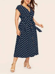 Polka Print Cap Sleeve V Neck Dress With Belt