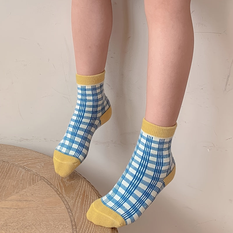 5pairs Unisex Cotton Plaid Mid Tube Socks