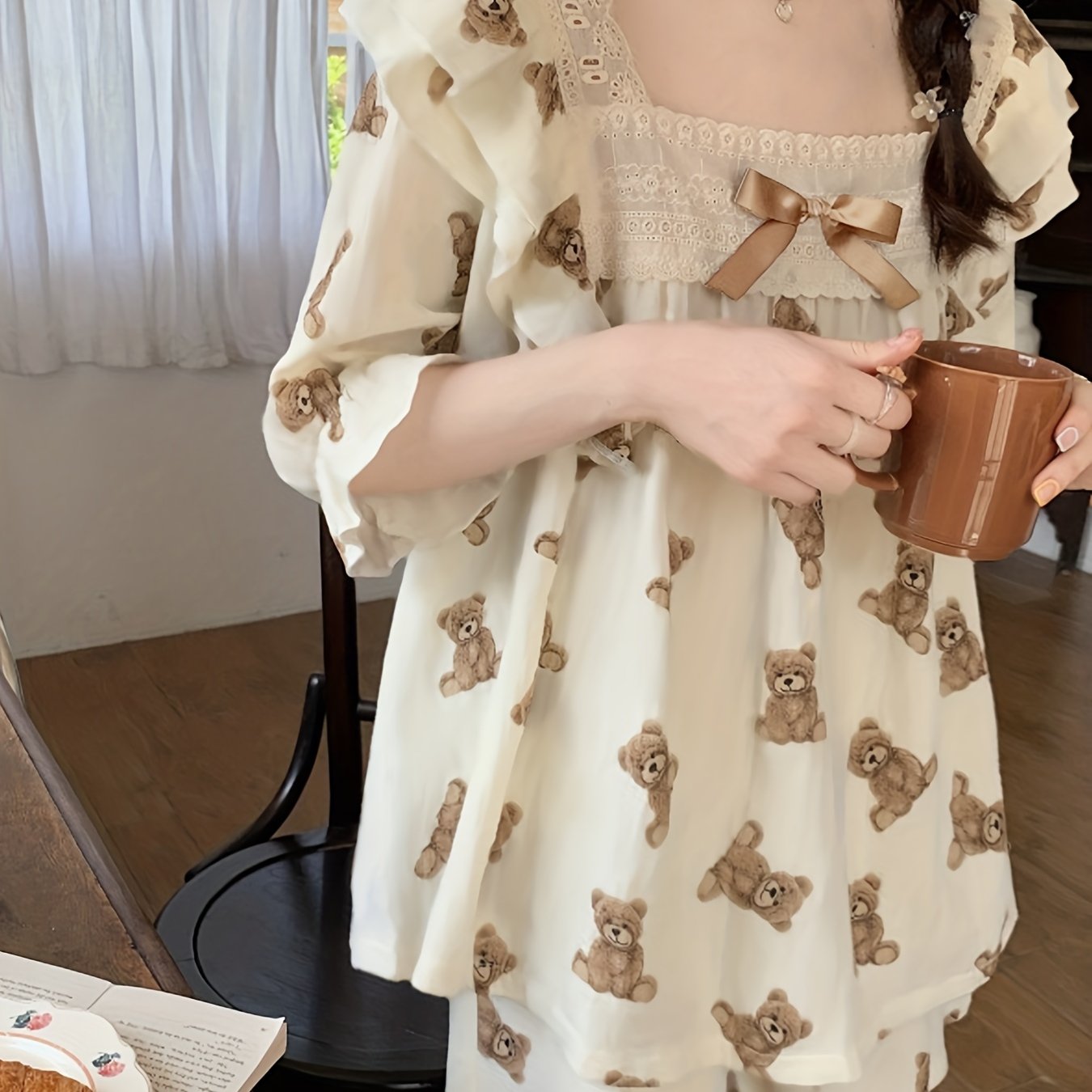 Teddy Bear Print Pajama Set Lace Trim Half Sleeve Top & Shorts