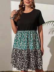 Colorblock Ditsy Floral Print Smock Dress