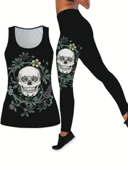 Halloween Casual Outfits 2 Piece Set Skull & Floral Tank Top Leggings