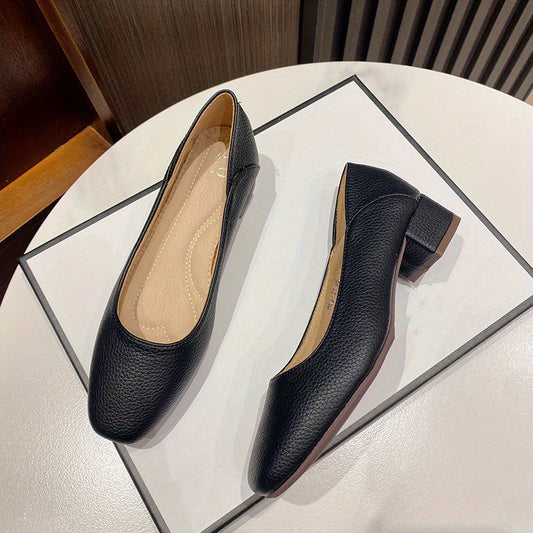 Women's Chunky Low Heels Slip On Square Toe Soft Sole Faux Leather Shoes