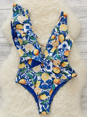 Lemon Print Ruffle Trim One Piece Swimsuit Deep V Neck Bathing Suit