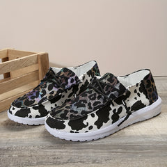 Women's Cow Print Low Walking Shoes Lace up Casual Flats