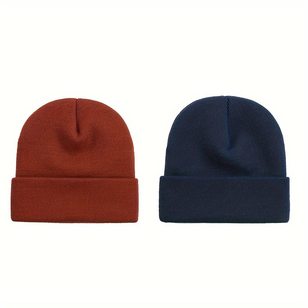 2pcs Acrylic Beanie Hat for Autumn/Winter Knitted Pullover Cap Candy Solid Cap
