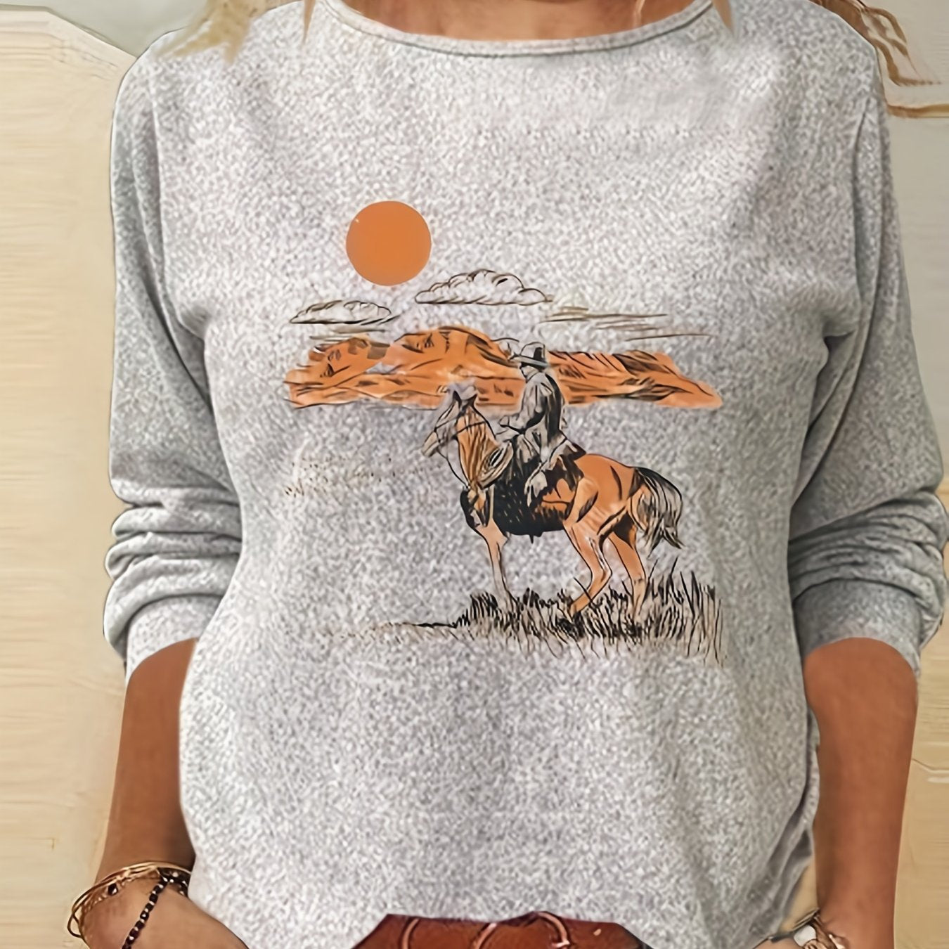 Cowboy Print Crew Neck Long Sleeve T shirt Women's Clothing