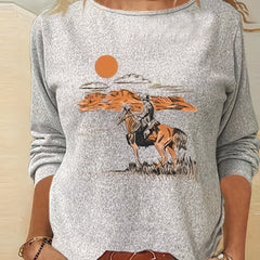 Cowboy Print Crew Neck Long Sleeve T shirt Women's Clothing