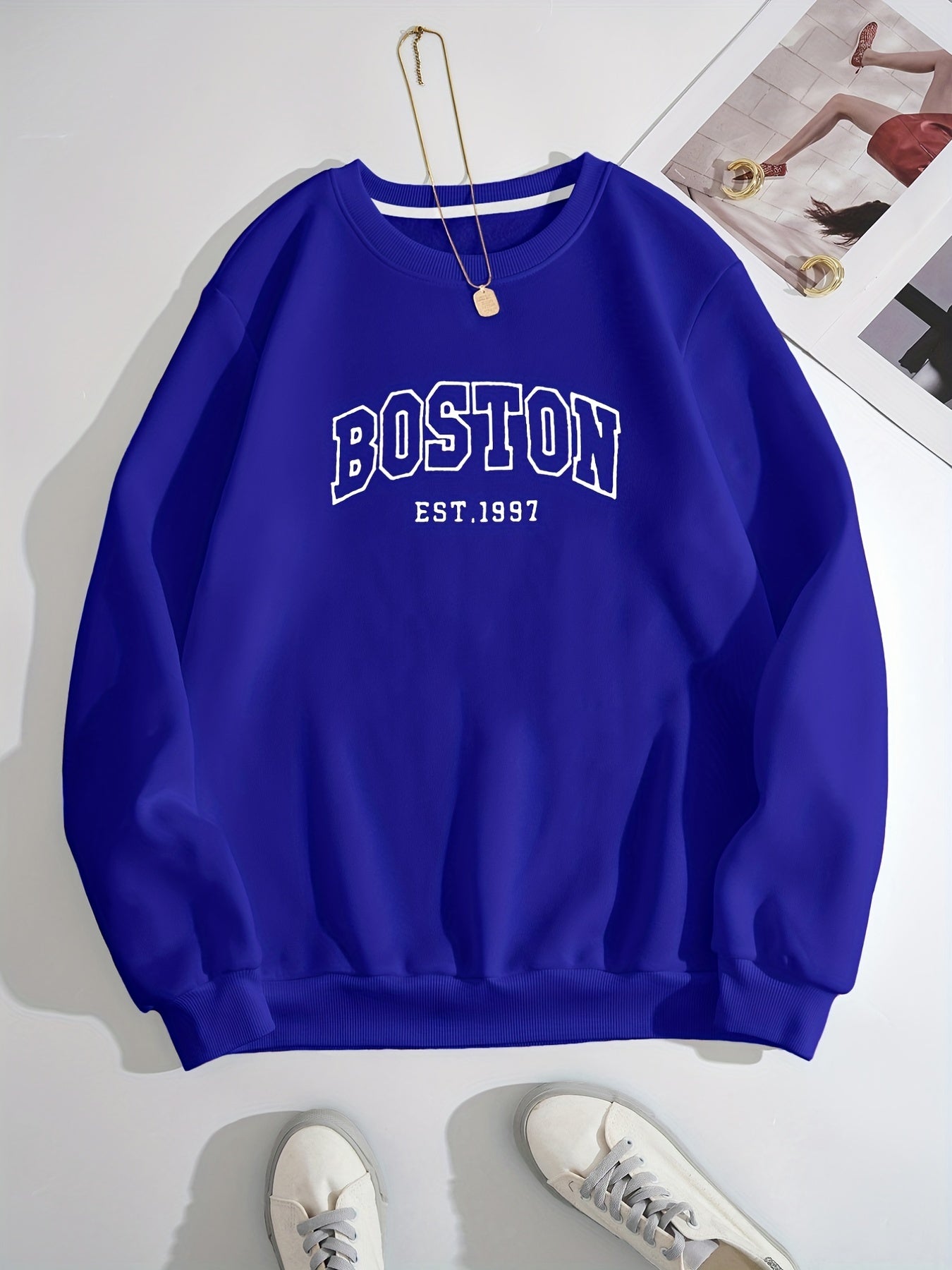 Boston Letter Print Crew Neck Sweatshirt