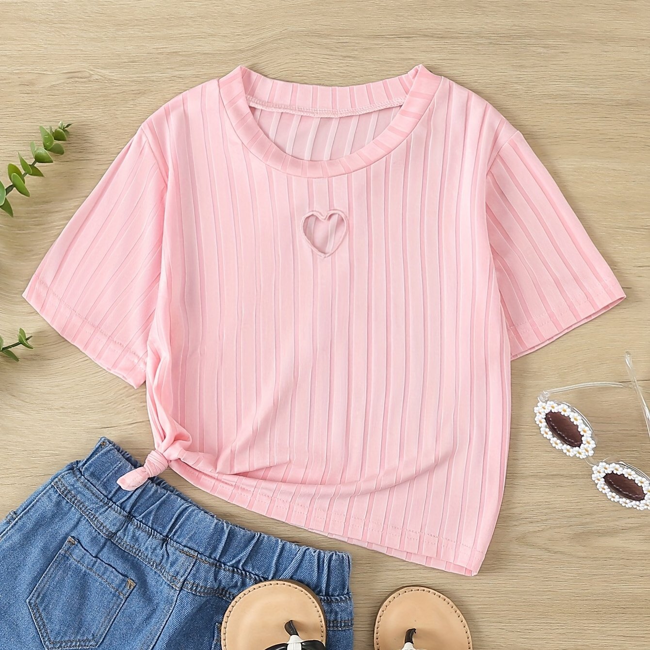 Girls Heart Hollow Short Sleeve T-shirt Summer Gift