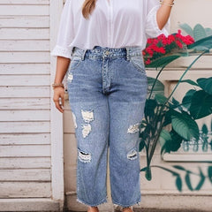 Casual Button Fly Ripped High Rise Loose Fit Jeans