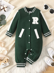 Baby Boy R Letter Patch Embroidered Long Sleeved Jumpsuit