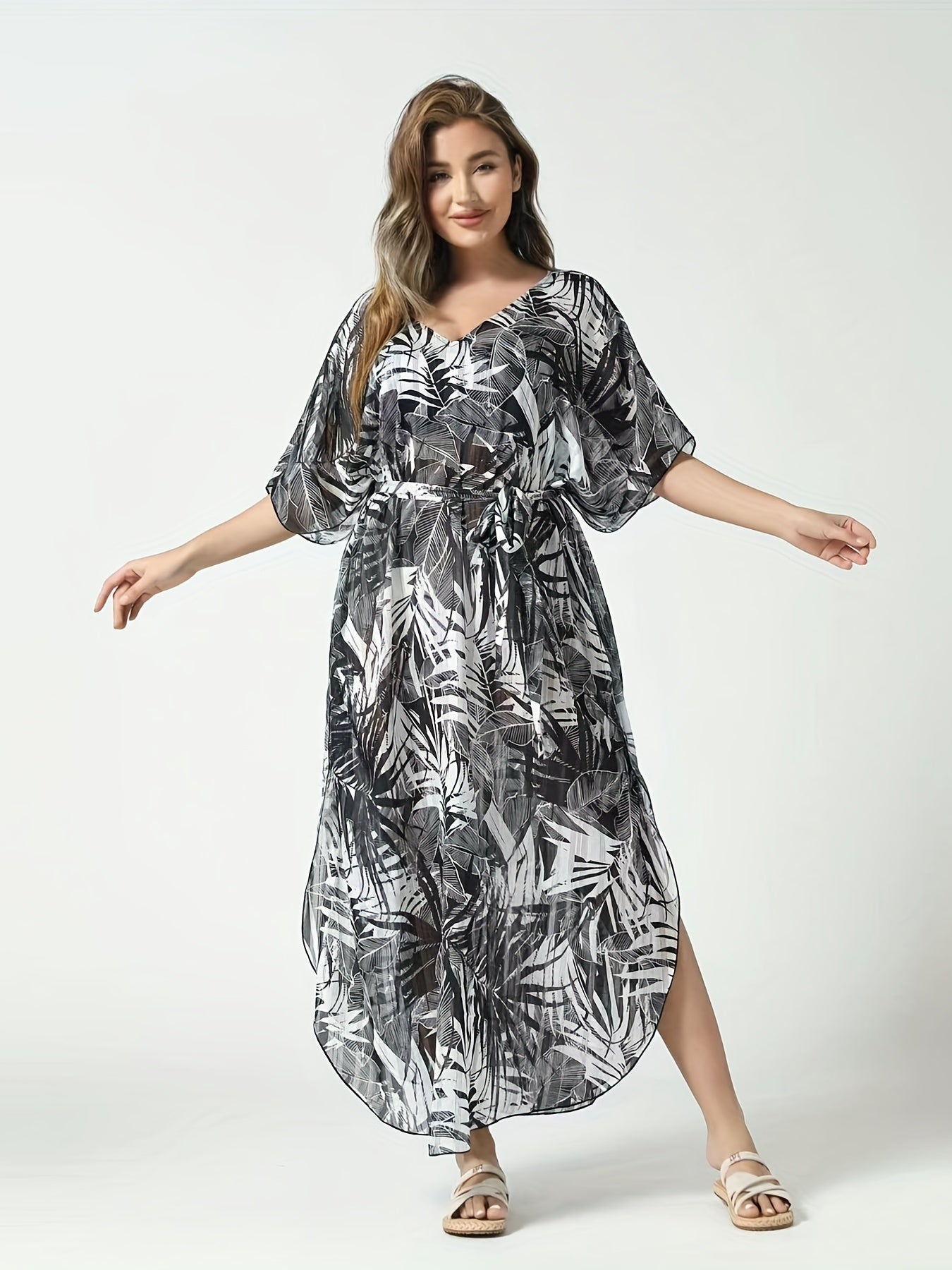Tropical Print V Neck Bat Sleeve Cover Up Dress