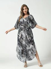 Tropical Print V Neck Bat Sleeve Cover Up Dress