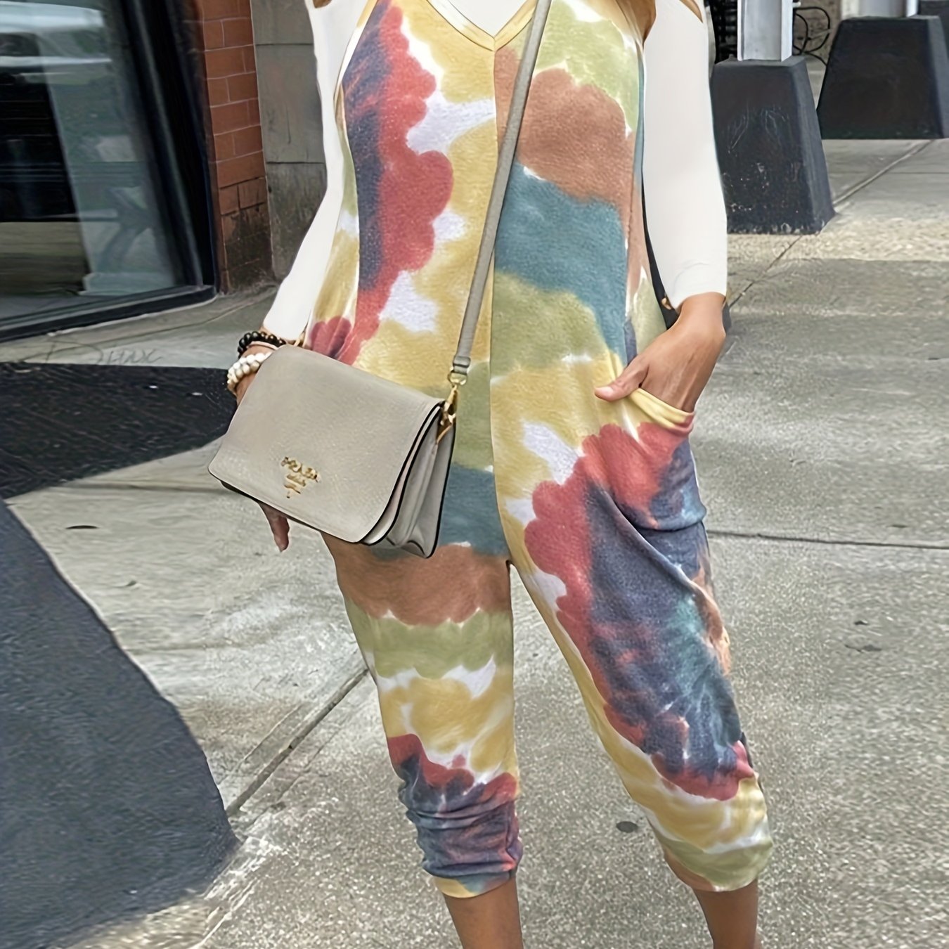 Colorblock V Neck Cami Jumpsuit With Pockets