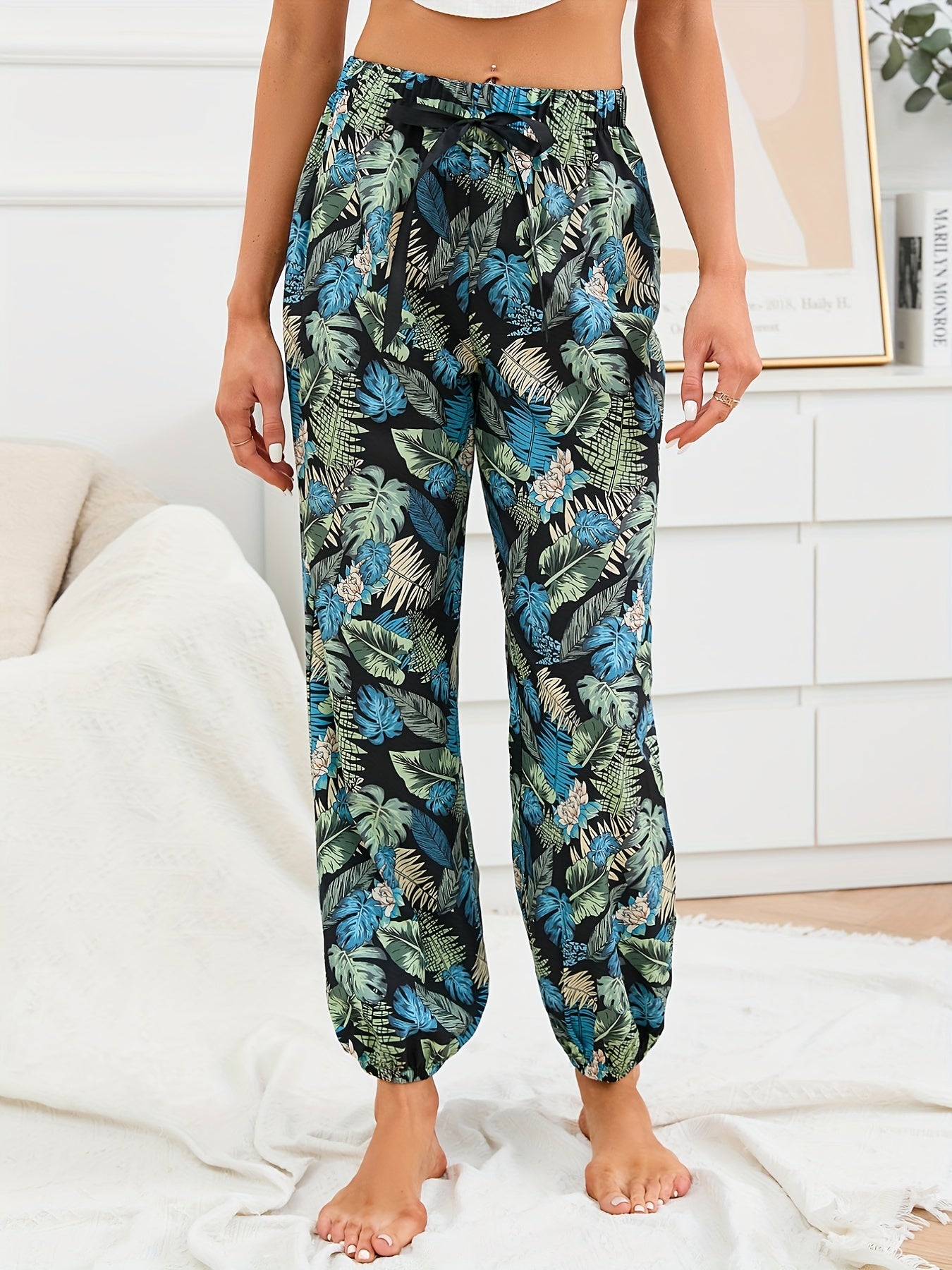 Tropical Print Sleep Bottoms Soft & Comfy Elastic Waistband Pants