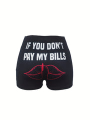 Letter & Lip Print Skinny Shorts Casual Elastic Waist Shorts Women's Clothing