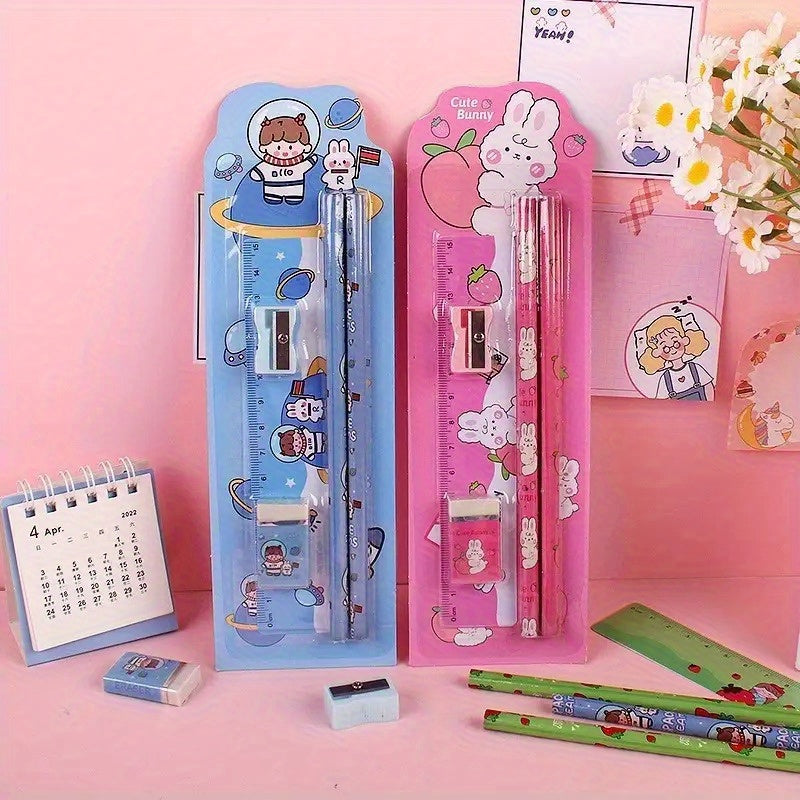 12pcs Cartoon Stationery Set for Office Use - Pencils, Eraser, Ruler, Sharpener