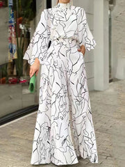 Floral Print Belt Halter Jumpsuit Long Sleeve Waist Tie Summer Jumpsuit