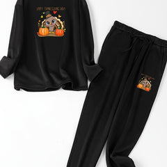 Turkey & Pumpkin Print Fleece Top & Joggers Pajamas Set