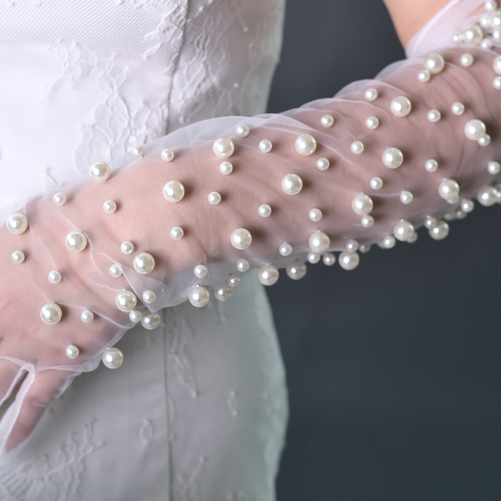 Faux Pearl Mesh Long Gloves for Women - Wedding & Party Accessory