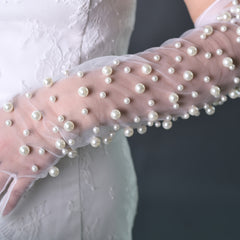 Faux Pearl Mesh Long Gloves for Women - Wedding & Party Accessory
