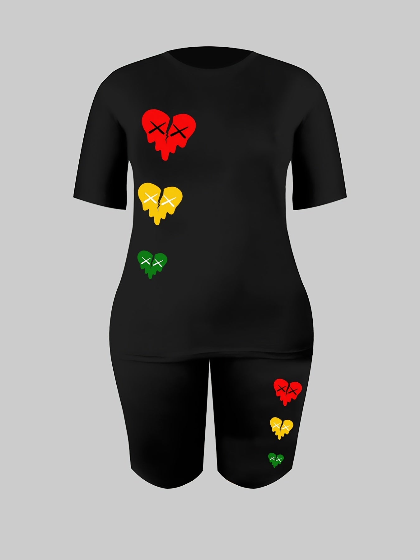Heart Print Tee & Biker Shorts Set, High Stretch Casual Outfit