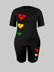 Heart Print Tee & Biker Shorts Set, High Stretch Casual Outfit