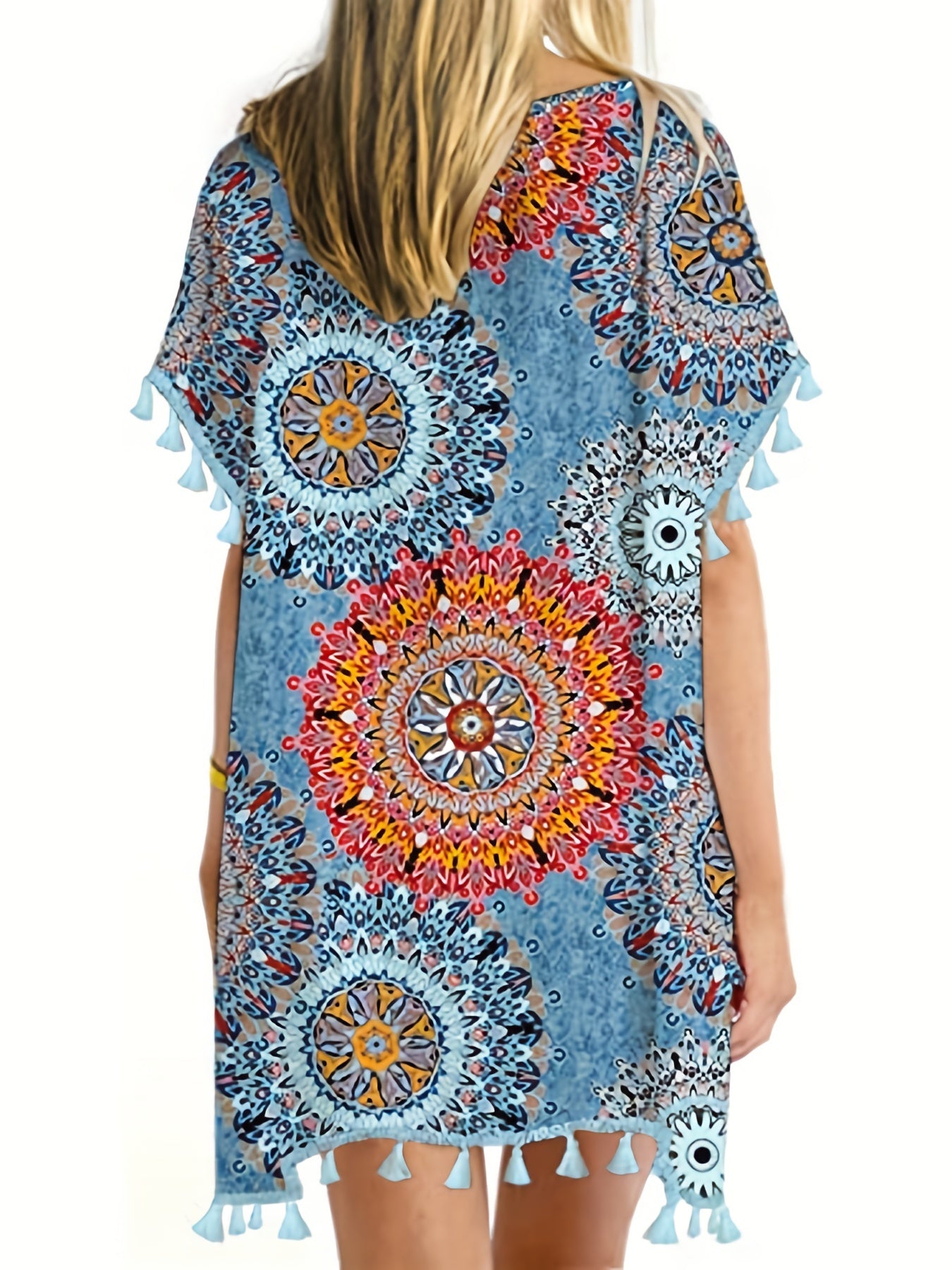 Floral Print Tassel Trim Beach Cover Up Kaftan Dress