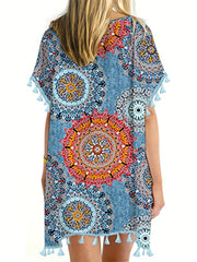 Floral Print Tassel Trim Beach Cover Up Kaftan Dress
