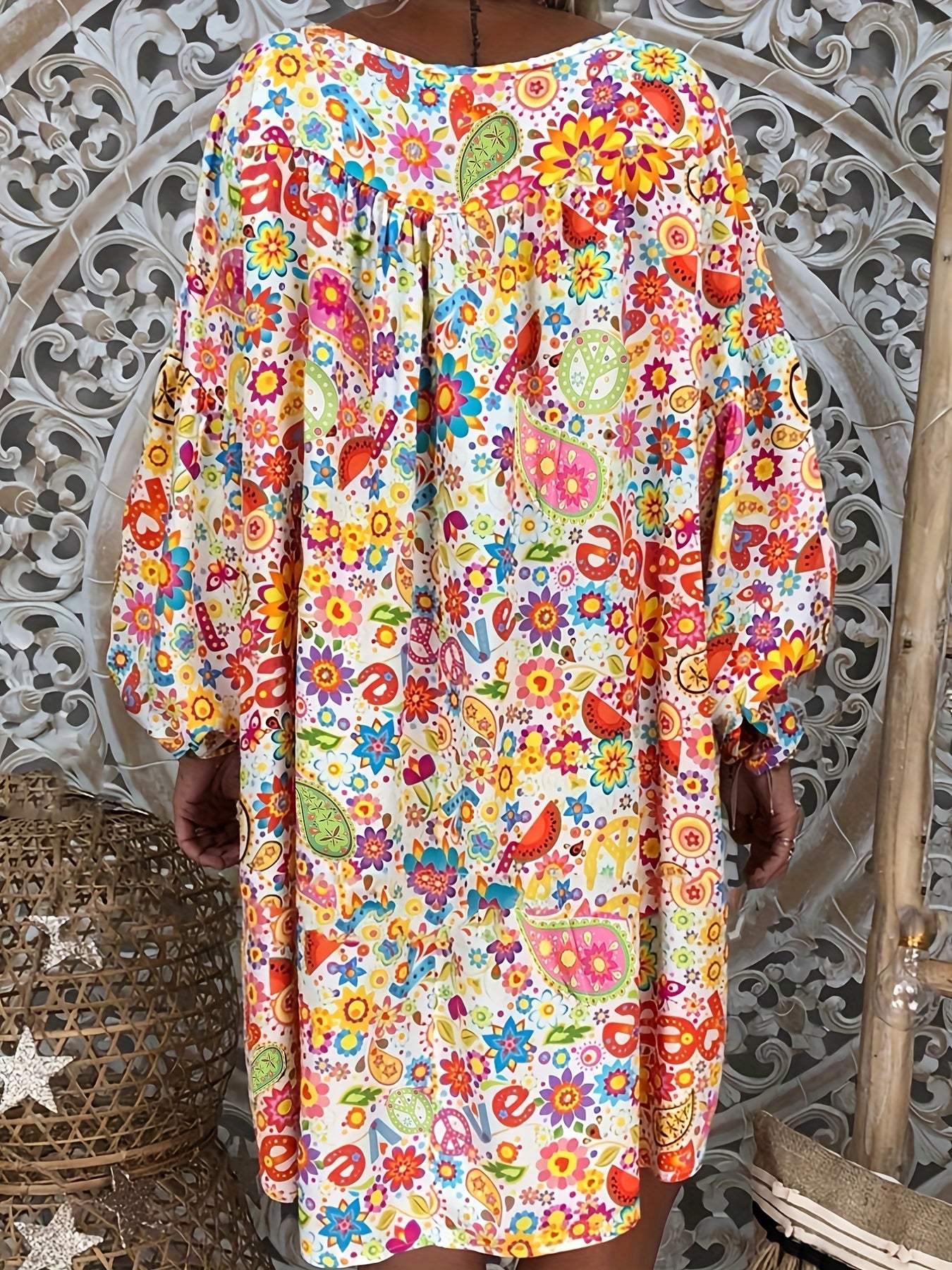 Retro Floral V-Neck Long Sleeve Dress for Women
