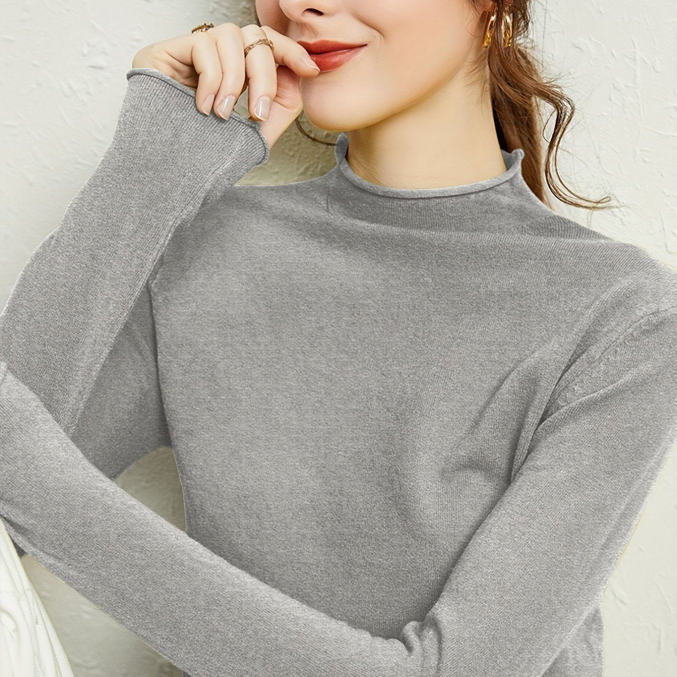 Solid Mock Neck Knitted Pullover Sweater for Women