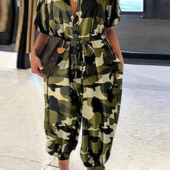 Camo Print Drawstring Waist Jumpsuit Short Sleeve Button Jumpsuit