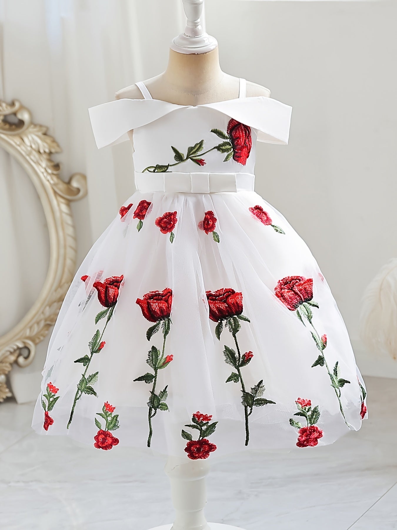 Girls Off Shoulder Princess Dress Flowers Embroidery Bow Mesh Dress