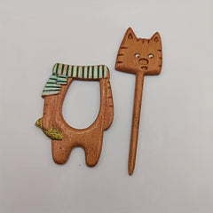 Wooden Cat Wearing Scarf Pin - Animal Pattern Pin For Girls