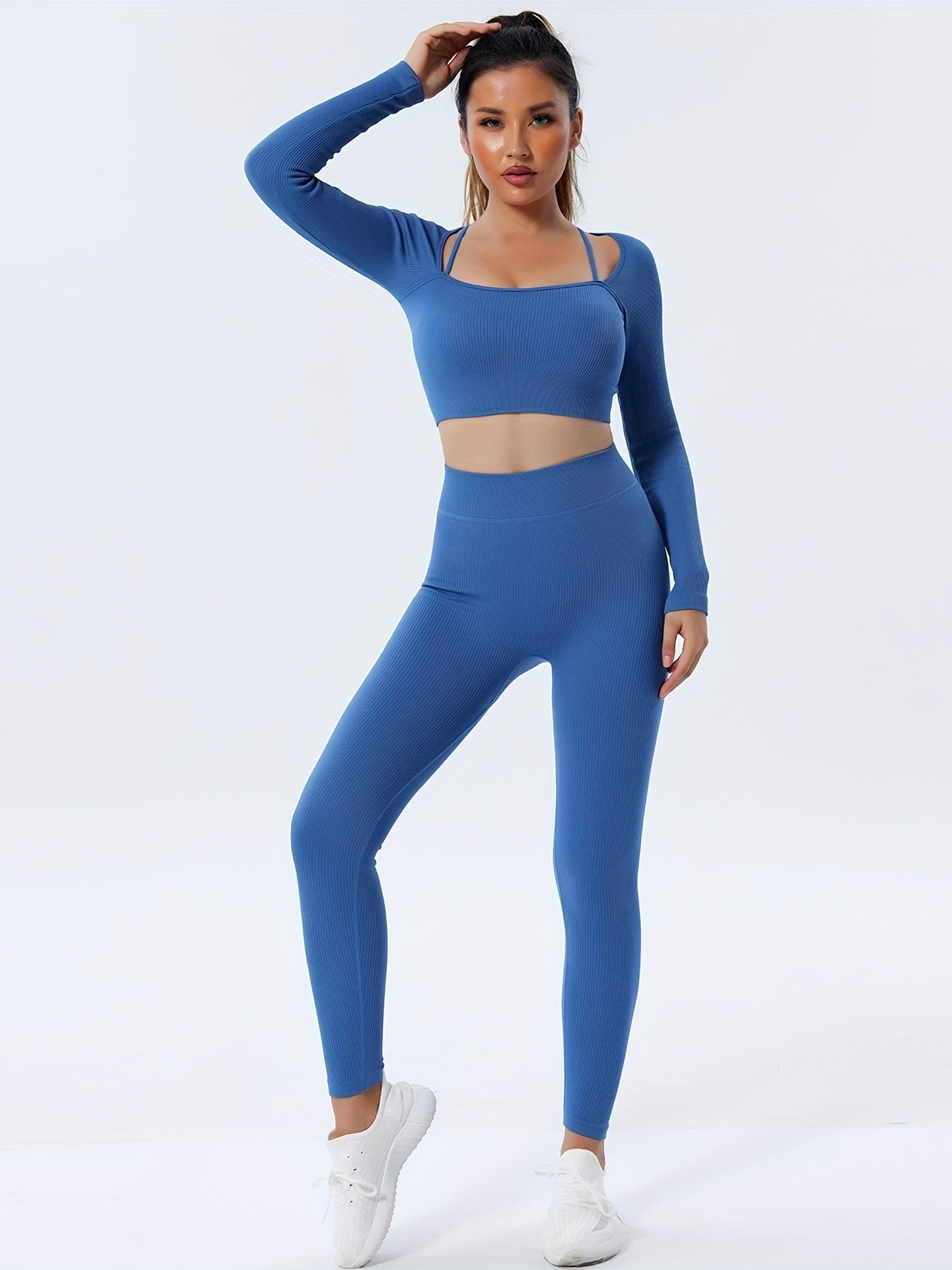 Solid Tight Long Sleeve Top And Leggings Sports Set
