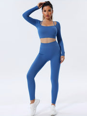 Solid Tight Long Sleeve Top And Leggings Sports Set