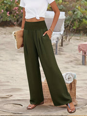Smocked Waist Wide Leg Pants Casual Loose Pants