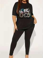 Cartoon Figure & Letter Print Top & Pants Set
